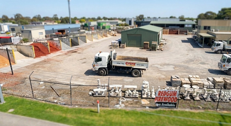 A Casey Sand & Soil tipper truck in the Narre Warren yard, with soil bays, pallets of pavers and the delivery fleet behind it